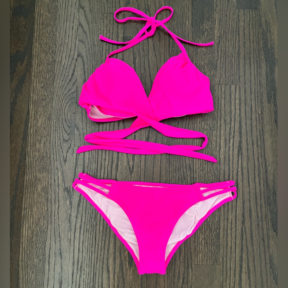 Victoria’s Secret Hot Pink Wrap Halter and Strappy Cheeky Bikini